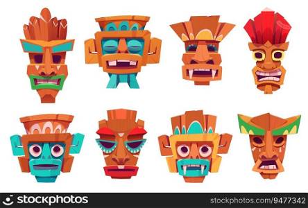 Totem tiki mask hawaiian tribal cartoon vector. African face icon with smile for summer island beach party near beach. Traditional tropical polynesian wooden head statue colorful decoration.. Totem tiki mask hawaiian tribal cartoon vector
