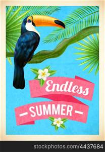 Toucan Bird Summer Vacation Flat Poster. Endless summer vacation travel poster with toucan bird and hibiscus flowers in rain forest abstract vector illustration