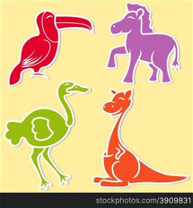 Toucan, pony, ostrich and kangaroo on light yellow background, cartoon flat vector illustration