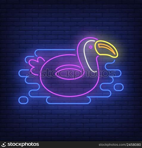 Toucan rubber ring neon sign. Swimming, water, safety. Inflatable toy concept. Vector illustration in neon style for advertising, toy shop, entertainment, business