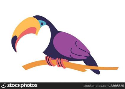Toucan sitting on branches, isolated tropical animals and birds of exotic areal and habitats. Colorful plumage and hooked bug beak, claws and feathers of avian creature. Vector in flat style. Tropical animals and birds, toucan on branches
