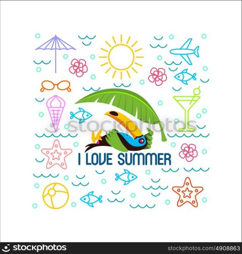 Toucan, summer, beach infographic. Set of elements for printing on t-shirts.