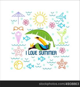 Toucan, summer, beach infographic. Set of elements for printing on t-shirts.