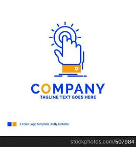 touch, click, hand, on, start Blue Yellow Business Logo template. Creative Design Template Place for Tagline.