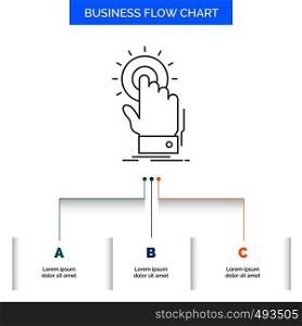 touch, click, hand, on, start Business Flow Chart Design with 3 Steps. Line Icon For Presentation Background Template Place for text. Vector EPS10 Abstract Template background