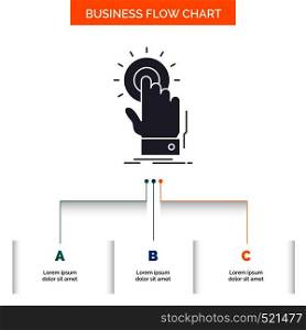 touch, click, hand, on, start Business Flow Chart Design with 3 Steps. Glyph Icon For Presentation Background Template Place for text.. Vector EPS10 Abstract Template background