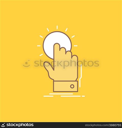 touch, click, hand, on, start Flat Line Filled Icon. Beautiful Logo button over yellow background for UI and UX, website or mobile application