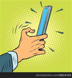 Touch gesture on a smartphone. Pop art retro comic book vector illustration. Touch gesture on a smartphone