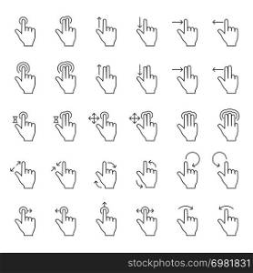 Touch hand gesture vector line icons. Touching finger gestures pictograms with swipe arrows. Finger slide and action, hold and touch on sensory screen illustration. Touch hand gesture vector line icons. Touching finger gestures pictograms with swipe arrows