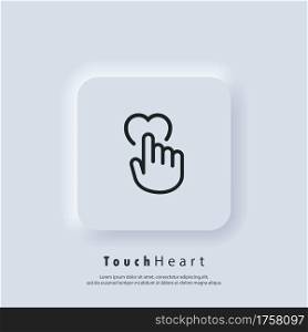Touch heart icon. Human hand is pushing on heart icon. Love symbol, sign for wedding. Vector. Neumorphic UI UX white user interface web button. Neumorphism