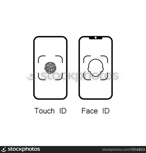 Touch id and face id on mobile device icon. Vector on isolated white background. Eps 10. Touch id and face id on mobile device icon. Vector on isolated white background. Eps 10.