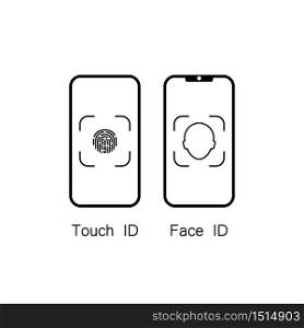 Touch id and face id on mobile device icon. Vector on isolated white background. Eps 10. Touch id and face id on mobile device icon. Vector on isolated white background. Eps 10.