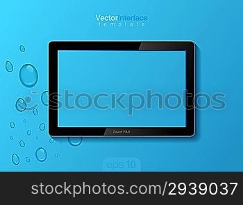 Touch pad abstract vector concept. Tablet pc mobility blank design template. Touchpad blue screen layout creative design. New Computer generation. Technology design idea.Copyspace. Vector. Editable.
