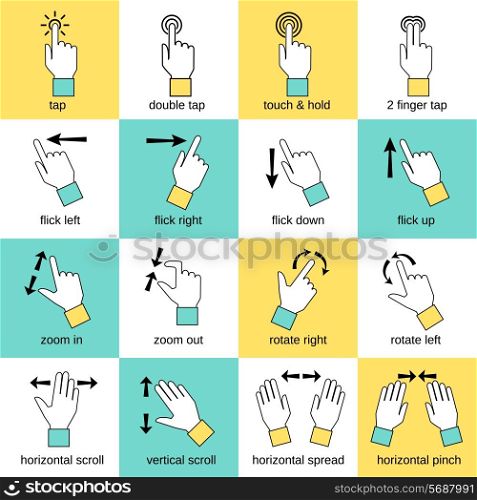 Touch pad hand gestures icons flat line set isolated vector illustration