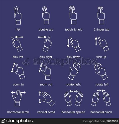 Touch pad screen interface hand gestures outline icons set isolated vector illustration