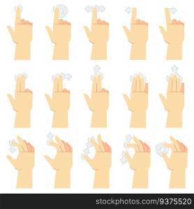 Touch screen gestures. Finger tap, swipe gesture and hand touched smartphone screens. Touch UI pointing gestures, hand swipe screen or interface swiping. Cartoon vector isolated icons set. Touch screen gestures. Finger tap, swipe gesture and hand touched smartphone screens. Touch UI cartoon vector icons set