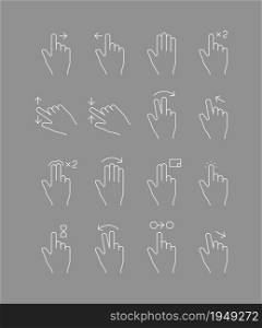 Touch screen gestures. Hands signs touch mobile devices multi drop scrolling vector line icon. Illustration hand gesture slide, point arrow finger. Touch screen gestures. Hands signs touch mobile devices multi drop scrolling vector line icon