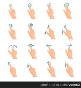 Touch screen hand gestures flat colored icon series with arrows showing direction of movement of fingers isolated vector illustration . Touch Gestures Flat Icons Set