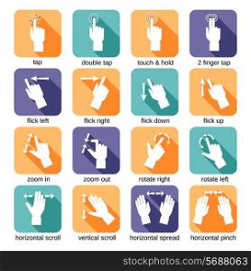 Touch screen interface hand gestures flat icons set isolated vector illustration