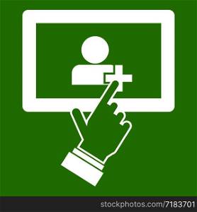 Touch screen tablet with click hand in simple style isolated on white background vector illustration. Touch screen tablet click icon green