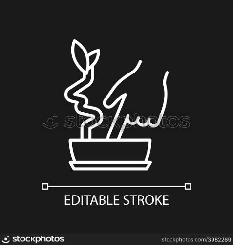 Touch to check moistured soil white linear icon for dark theme. Housplant watering. Indoor plant hydration. Thin line illustration. Isolated symbol for night mode. Editable stroke. Arial font used. Touch to check moistured soil white linear icon for dark theme