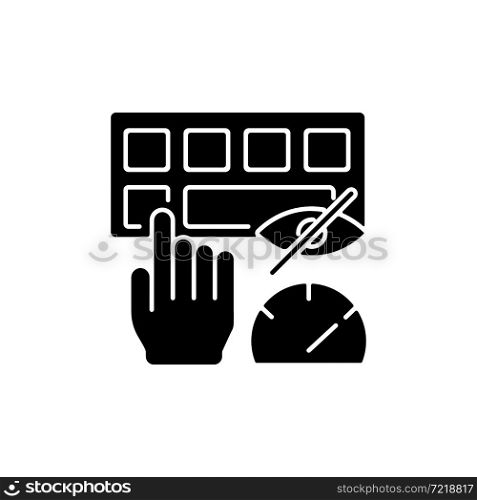 Touch typing black glyph icon. Computer keyboard skills. Blind typing. Increasing speed. Improving accuracy. Building muscle memory. Silhouette symbol on white space. Vector isolated illustration. Touch typing black glyph icon