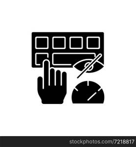 Touch typing black glyph icon. Computer keyboard skills. Blind typing. Increasing speed. Improving accuracy. Building muscle memory. Silhouette symbol on white space. Vector isolated illustration. Touch typing black glyph icon