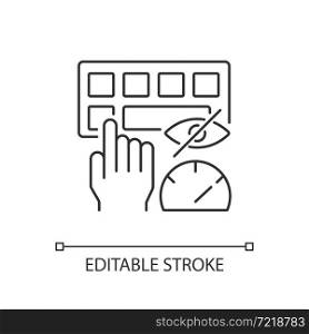Touch typing linear icon. Computer keyboard skills. Blind typing. Building muscle memory. Thin line customizable illustration. Contour symbol. Vector isolated outline drawing. Editable stroke. Touch typing linear icon