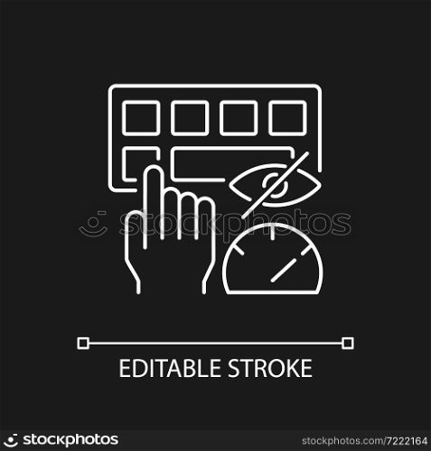 Touch typing white linear icon for dark theme. Computer keyboard skill. Blind typing. Muscle memory. Thin line customizable illustration. Isolated vector contour symbol for night mode. Editable stroke. Touch typing white linear icon for dark theme