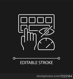 Touch typing white linear icon for dark theme. Computer keyboard skill. Blind typing. Muscle memory. Thin line customizable illustration. Isolated vector contour symbol for night mode. Editable stroke. Touch typing white linear icon for dark theme