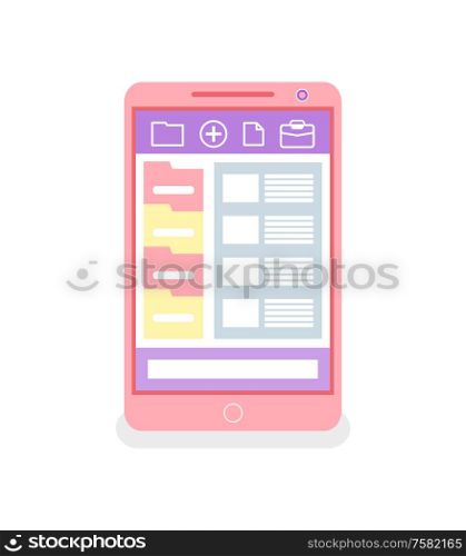 Touchscreen phone with web folders. Screen of mobile app with online keeping files, archive in digital gadget. smartphone display, portfolio vector. Touchscreen Phone with Folders, Portfolio Vector