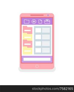 Touchscreen phone with web folders. Screen of mobile app with online keeping files, archive in digital gadget. smartphone display, portfolio vector. Touchscreen Phone with Folders, Portfolio Vector