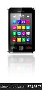 Touchscreen smartphone with applications icon on white