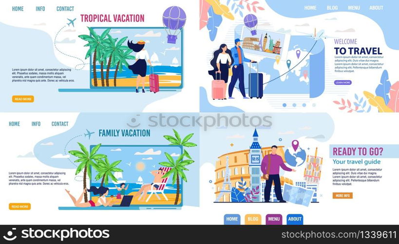 Tour Agency Landing Page Design Set. Touristic Online Service Inviting to Travel. Family Vacation, Trip to Exotic Resort, World Cruise Along, with Guide. People Choosing Booking Rout via Internet