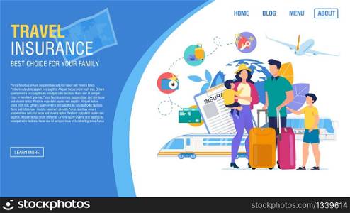 Tour Agency Landing Page Trendy Design. Online Service Offer Trip Rout Travel Insurance. Travelling by Bus, Train, Airplane Safely. Parents with Kids and Luggage. Tourists Family. Vector Illustration