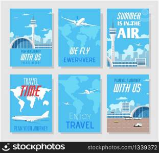 Tour Agency Presentation. Social Media or Print World Travel Cards Set. Flyers with Sales and Discounts on Airline Tickets Proposition. Invitation and Greeting Posters. Vector Flat Illustration. Social Media or Print World Travel Cards Sales Set