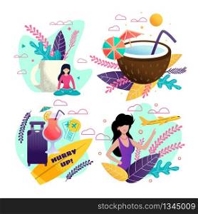 Tour and Booking Service Travelling Cartoon Set. Woman Offering Cheap Air Charter to Tropical Country. Cocktail Party Invitation. Hurry up on Journey Motivation. Vector Flat Illustration. Tour and Booking Service Travelling Cartoon Set
