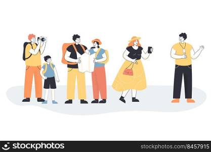 Tour guide cartoon character telling tourists about city. Group of people on sightseeing trip, man and woman looking at map flat vector illustration. Tourism, vacation, traveling concept for banner