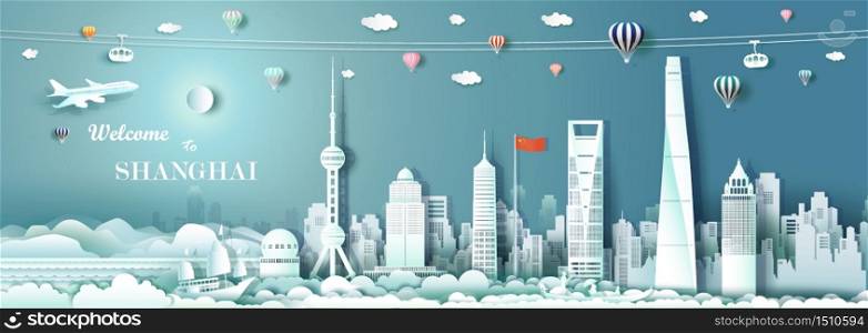 Tour Landmark downtown Shanghai with China flag, Travel cityscape skyline and architecture Asian at Shanghai and modern building, Travel by balloon, sailboat, plane and cable, Vector illustration.