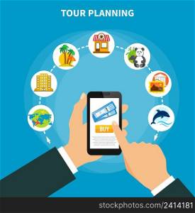 Tour planning design concept with man holding smartphone with information on screen about tickets for travel flat vector illustration. Tour Planning With Tickets On Smartphone Screen