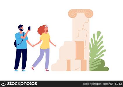 Tour trip. Tourists watch ancient ruins, man take photo. Man woman travellers, cartoon couple together travel vector illustration. Ancient tour sightseeing, vacation and journey attraction. Tour trip. Tourists watch ancient ruins, man take photo. Man woman travellers, cartoon couple together travel vector illustration