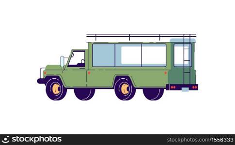 Tour truck semi flat RGB color vector illustration. Van for driving in savannah. Vehicle for safari exploration. Transport for offroad trip isolated cartoon object on white background. Tour truck semi flat RGB color vector illustration
