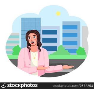 Tour vacation with guide. Young woman is a tourist guide, shows the sights. A woman shows the architecture. Travel and journey. Holidays and vacations. Tourism and trip. Flat vector illustration. Young woman is a tourist guide, shows the sights. Holidays and vacations. Flat vector image