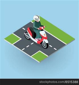 Touring Moped. Motor Bike on the Road. Touring moped. Motor bike on the road. Top view on motorized bicycle. Flat 3d isometric high quality city moped design. Motorcycle or autobike dirtbike . Part of series of city isometric. Vector