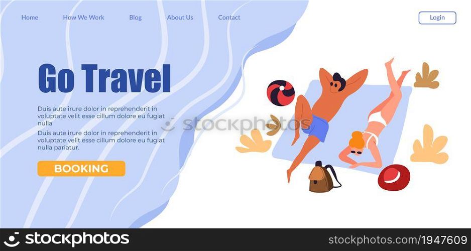 Tourism and active lifestyle, people sunbathing on seaside. Travel companies and agencies offering tours for clients. Coastal trips. Website or webpage template, landing page flat style vector. Go travel people sunbathing on beach, tourism