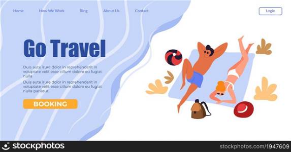Tourism and active lifestyle, people sunbathing on seaside. Travel companies and agencies offering tours for clients. Coastal trips. Website or webpage template, landing page flat style vector. Go travel people sunbathing on beach, tourism