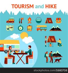 Tourism and hike infographics with outdoor recreation symbols vector illustration. Tourism And Hike Infographics