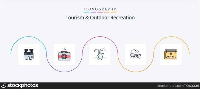 Tourism And Outdoor Recreation Line Filled Flat 5 Icon Pack Including hotel . airplane. picture. plane. update