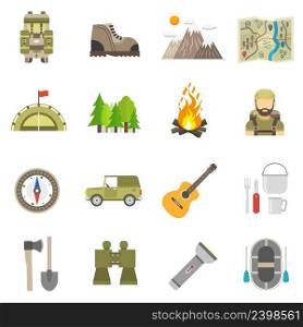 Tourism and summer hiking icons flat set isolated vector illustration. Tourism Icons Flat Set