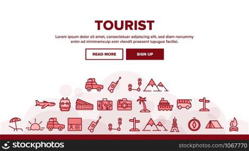Tourism And Travel Around World Landing Web Page Header Banner Template Vector. Traveling To Different Countries, Islands. Hiking, camping, cruise and road trip. Tourist Adventures Illustration. Tourism And Travel Around Landing Header Vector